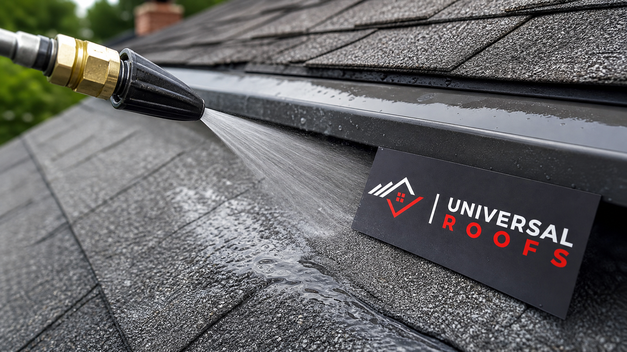 Close-up of a soft-wash nozzle tip applying low-pressure cleaning solution along asphalt shingle granules and flashing seam