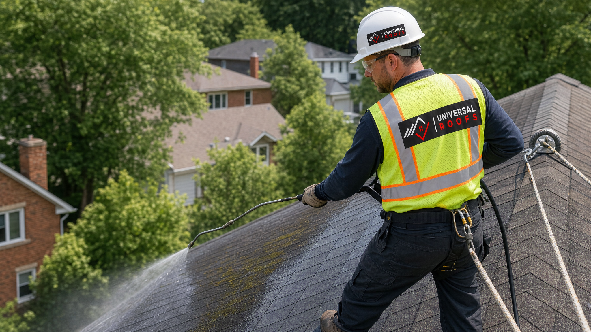 Roofing technician wearing full safety harness and PPE applying a soft-wash cleaning solution to a sloped asphalt shingle roof with a J-rod wand