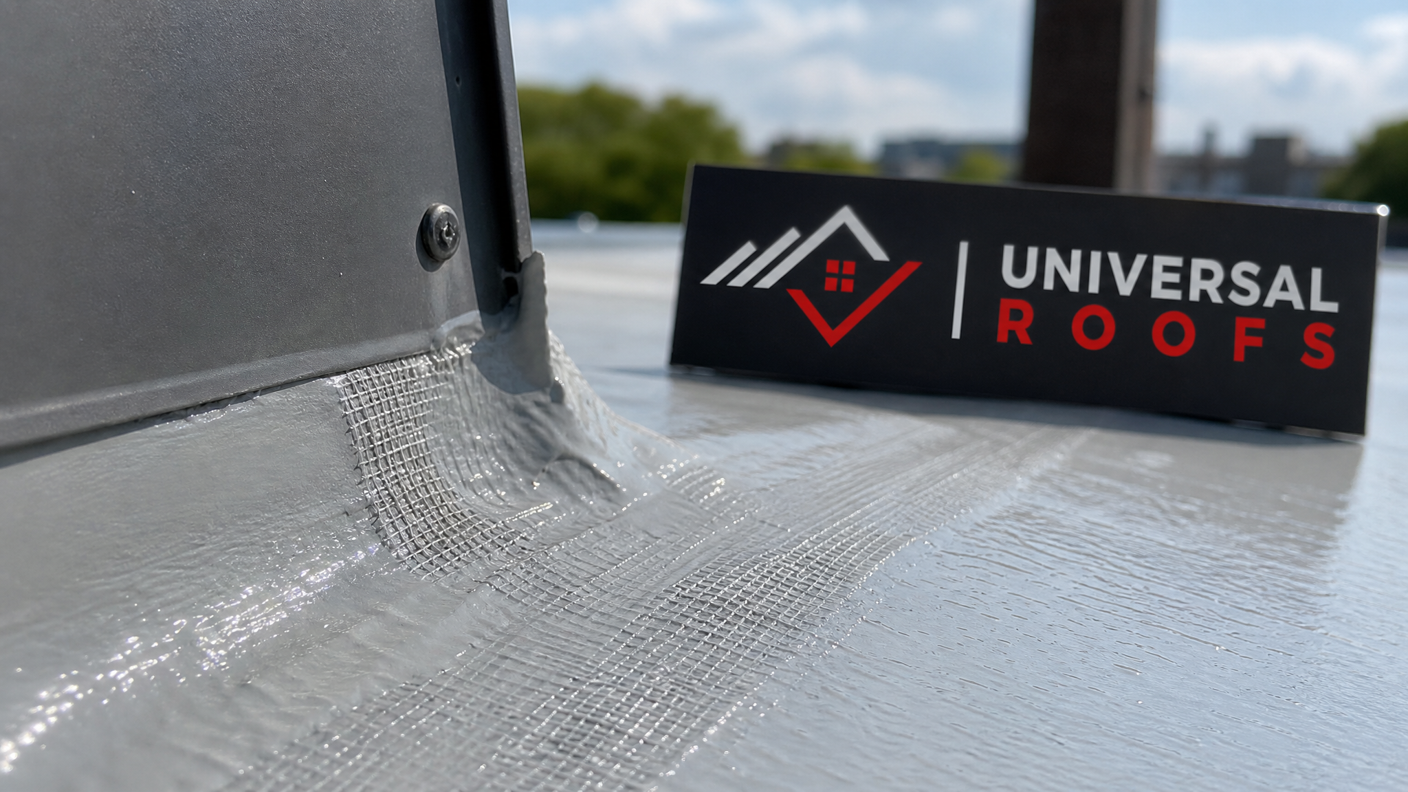 Close-up of a reinforced roof coating seam detail with embedded polyester fabric mesh around a flashing on a Toronto roof