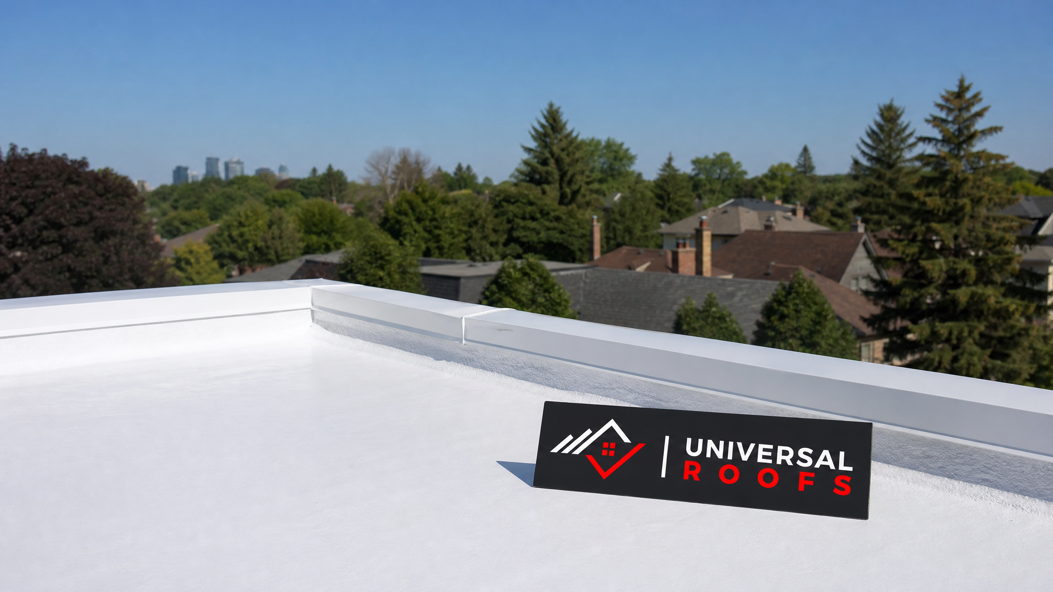 Freshly coated flat roof in Toronto with a smooth reflective white surface after leak repair, sunny summer sky above