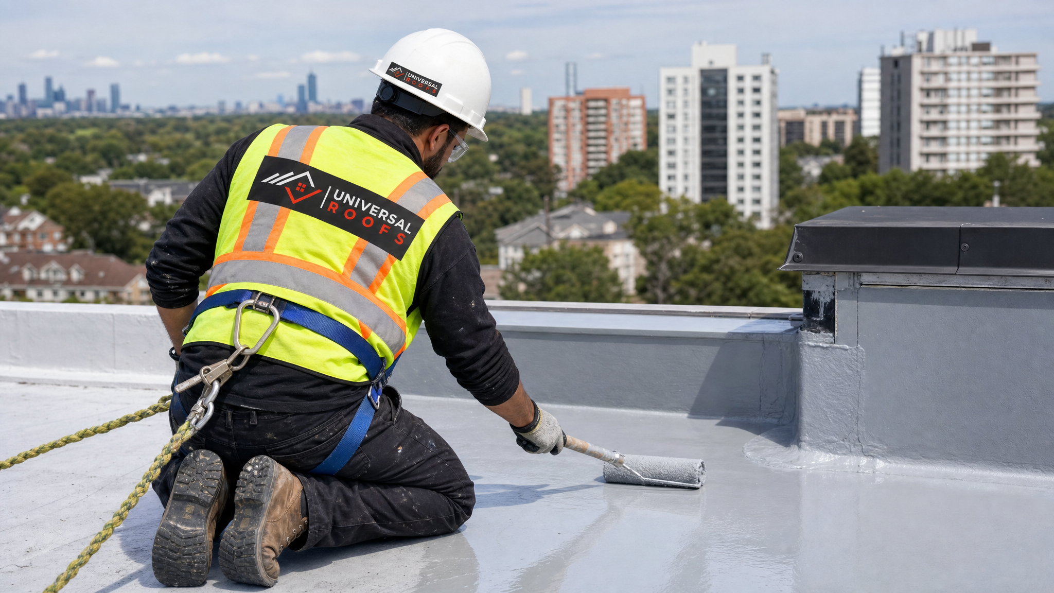 Roofer in full safety harness applying silicone roof coating with a roller on a flat commercial roof in Toronto, summer daylight