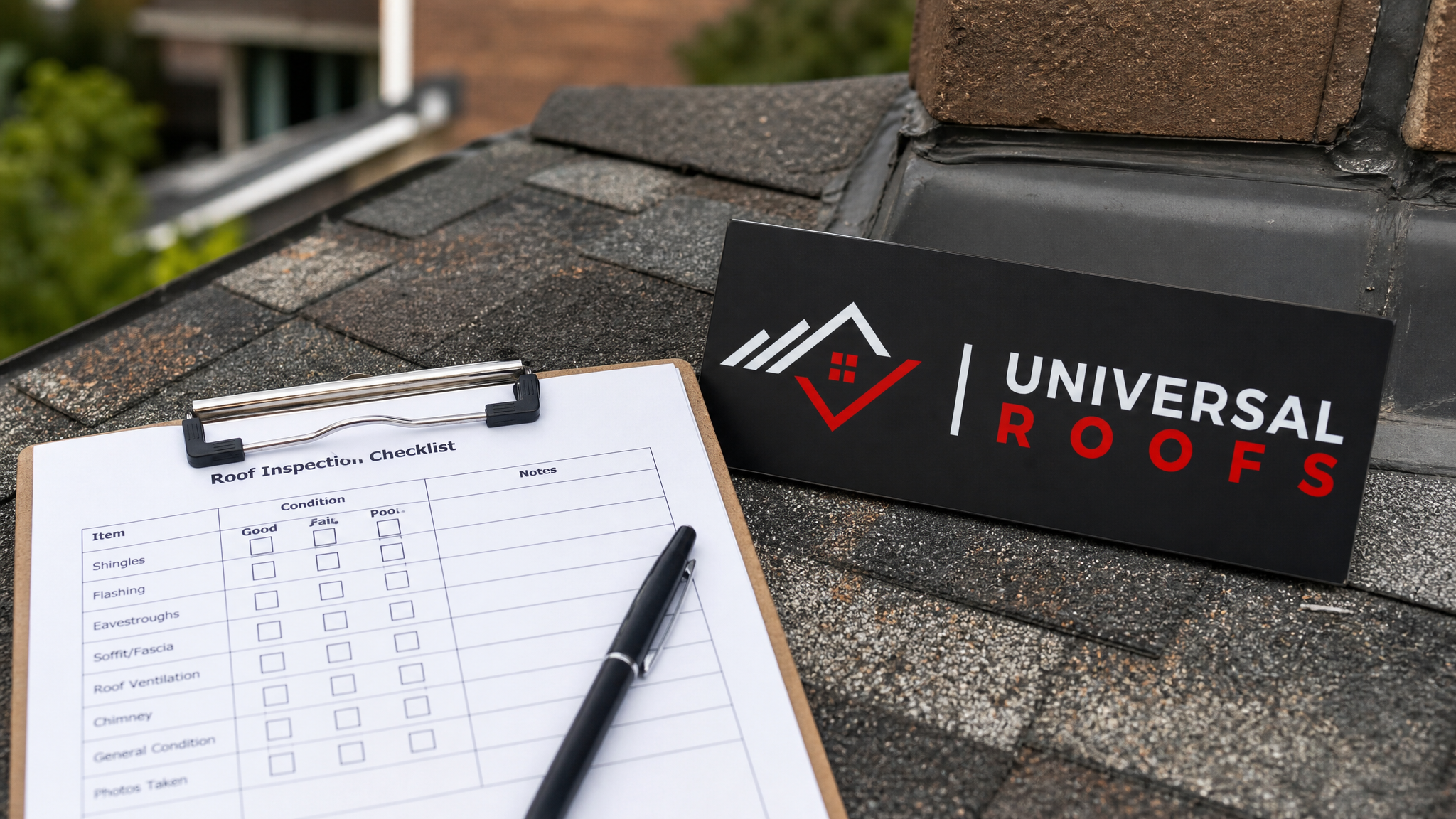 Close-up of a roofing inspection checklist and clipboard beside flashing and shingle detail on a Toronto home