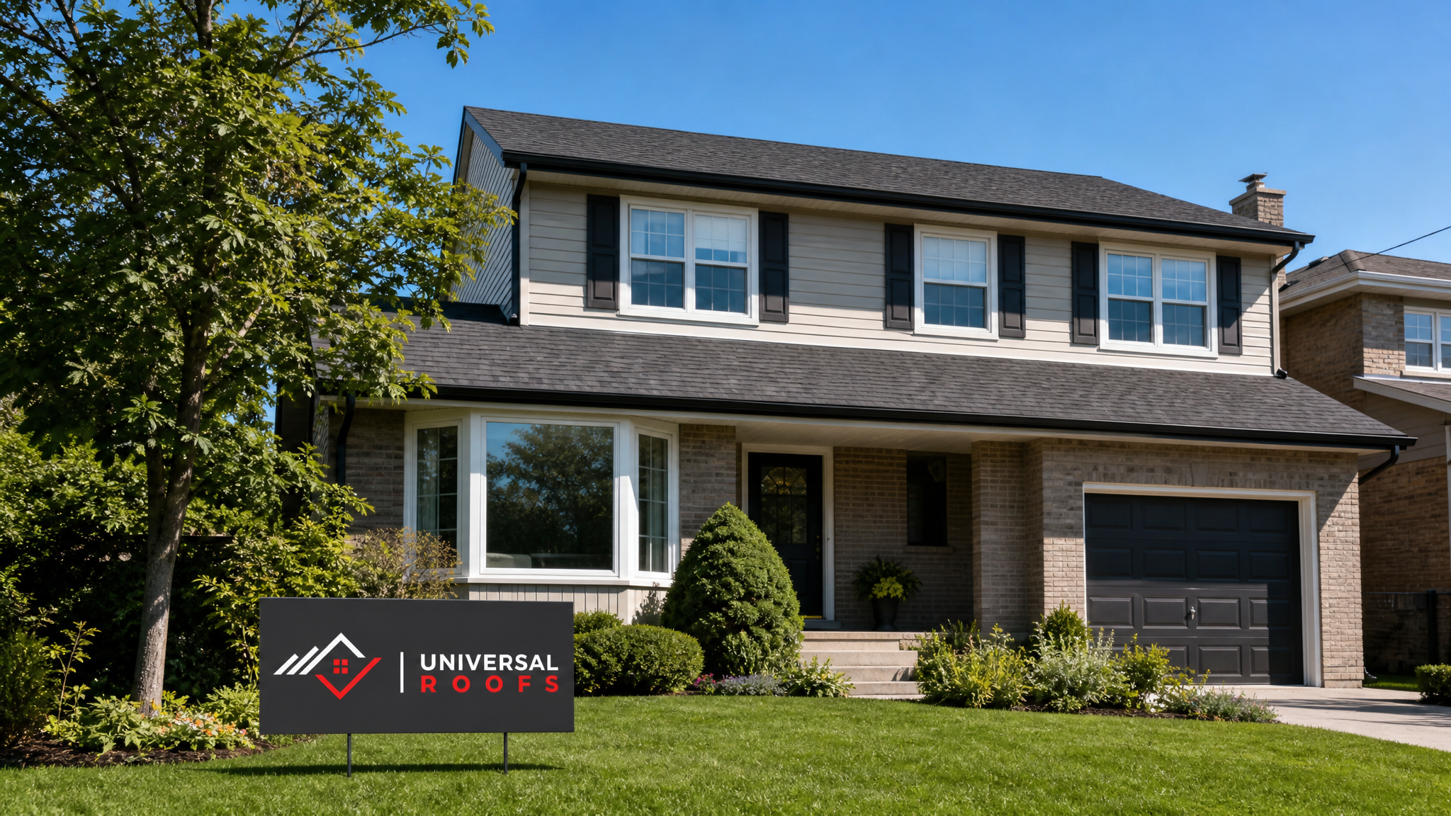 A well-maintained Toronto-area home with a clean, freshly inspected asphalt shingle roof under clear summer daylight