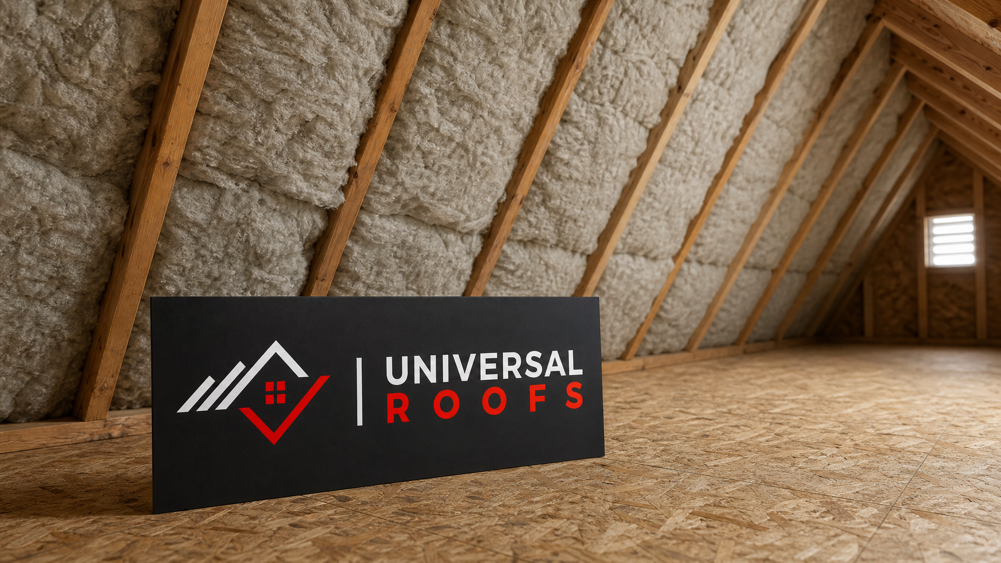 Newly insulated attic space in a Toronto home showing fire-rated batt insulation neatly installed between roof rafters in daylight