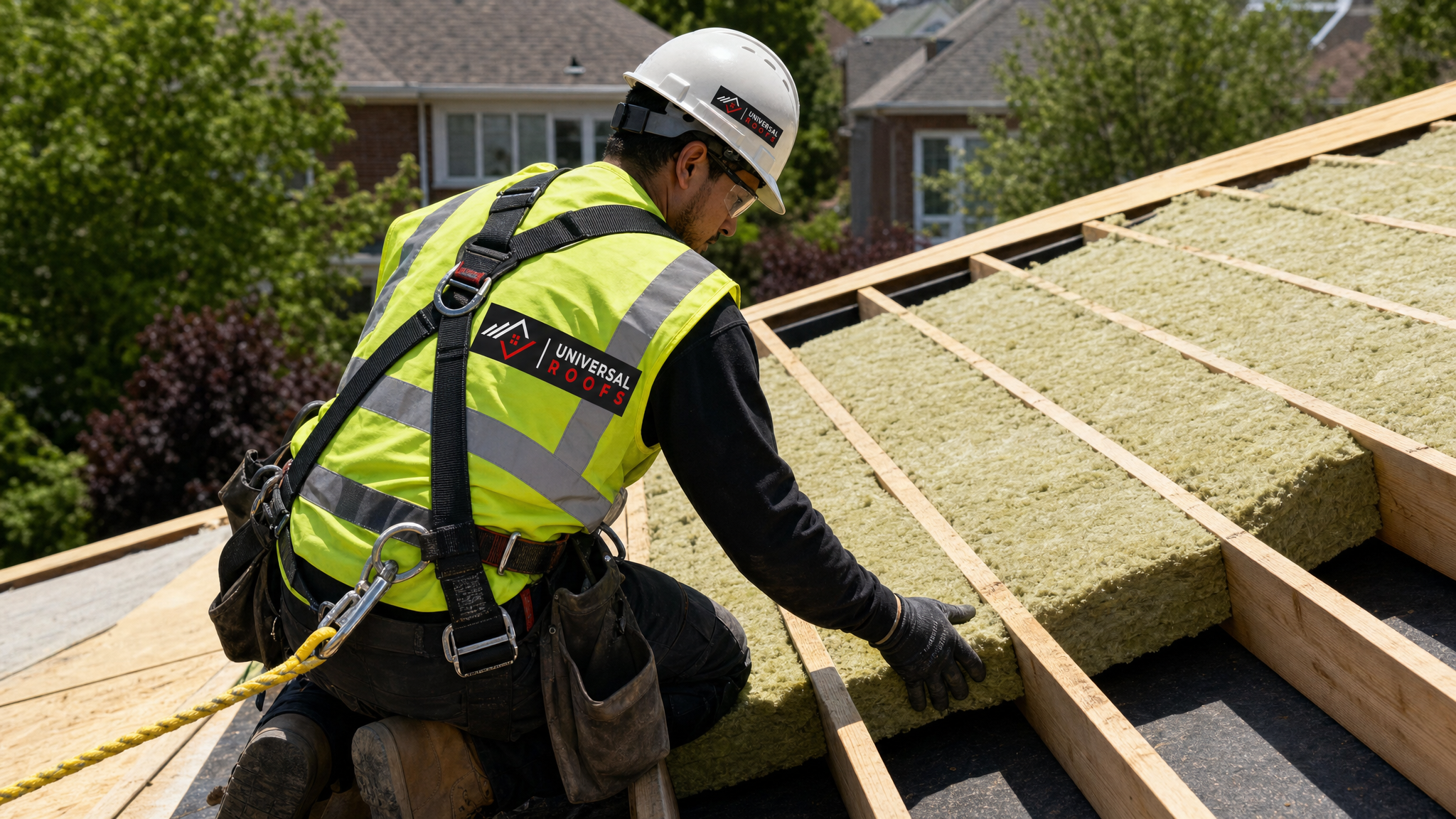 Roofer wearing full safety harness and PPE installing fire-rated mineral wool insulation on a sloped residential roof deck in Toronto