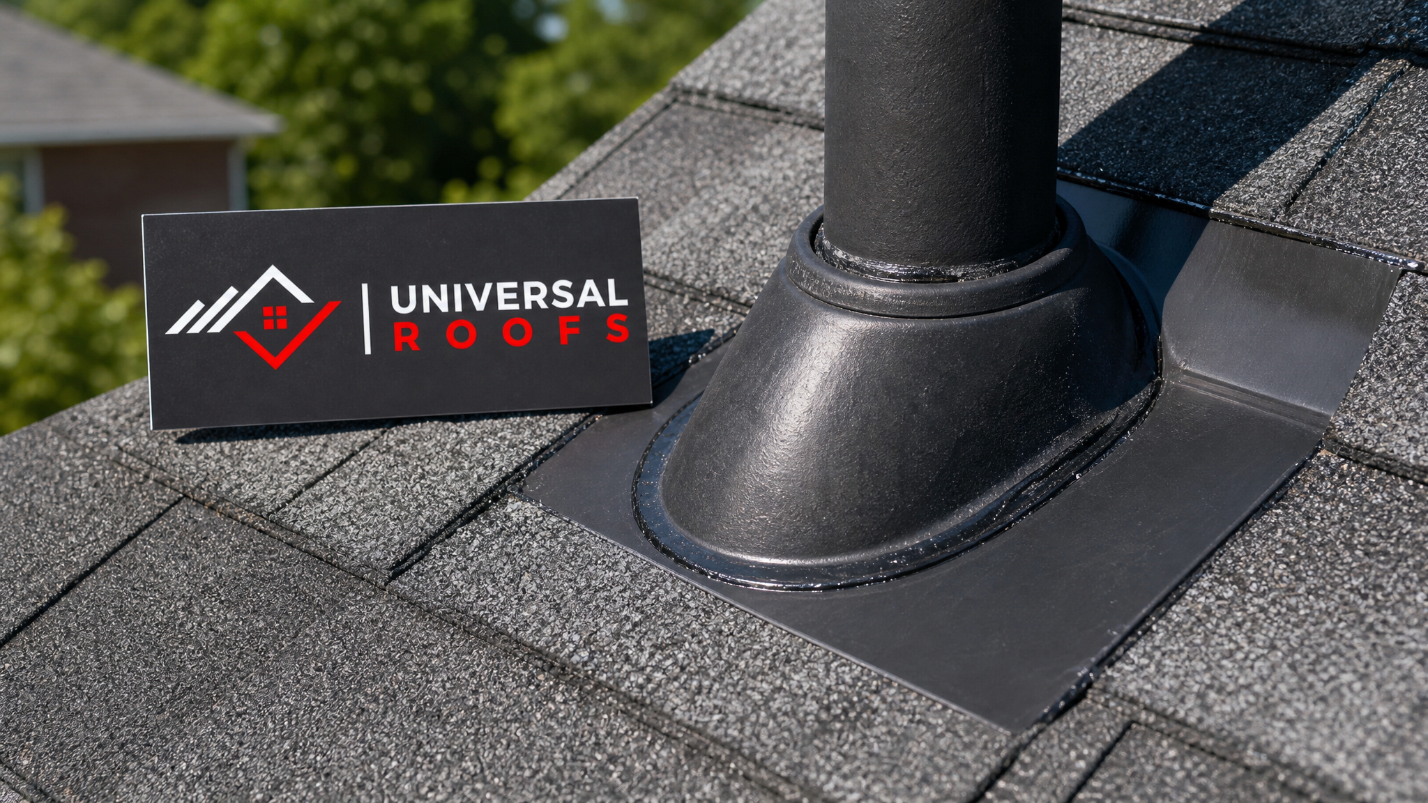 Close-up of newly sealed roof flashing around a vent pipe after professional leak detection identified the entry point