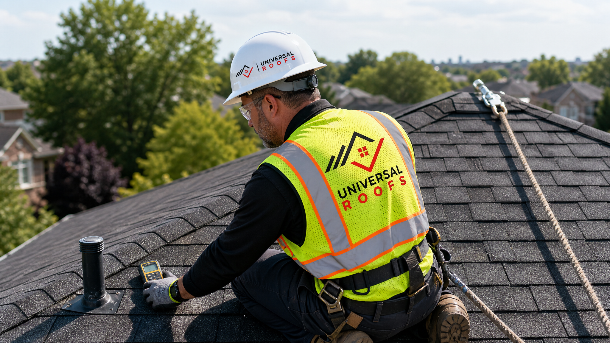 Roofing technician using a moisture meter to perform professional leak detection on a residential roof in the GTA