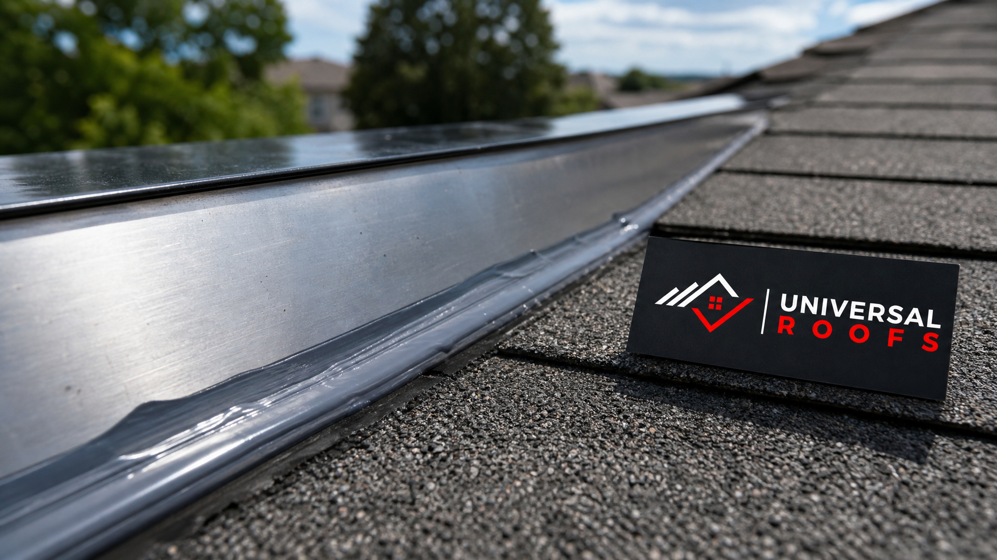 Close-up of butyl flashing sealant applied along a metal roof flashing seam with a branded Universal Roofs sign placard nearby