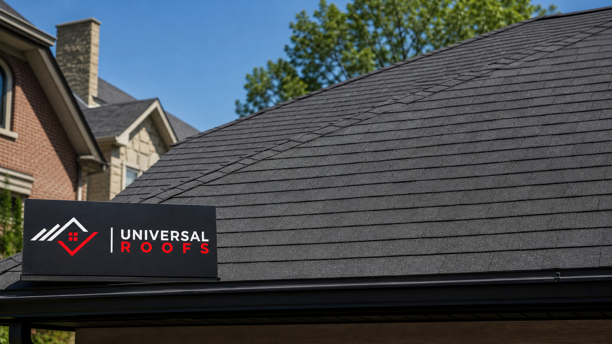 Freshly repaired asphalt shingle roof on a Toronto home under clear summer sky with no visible leak damage
