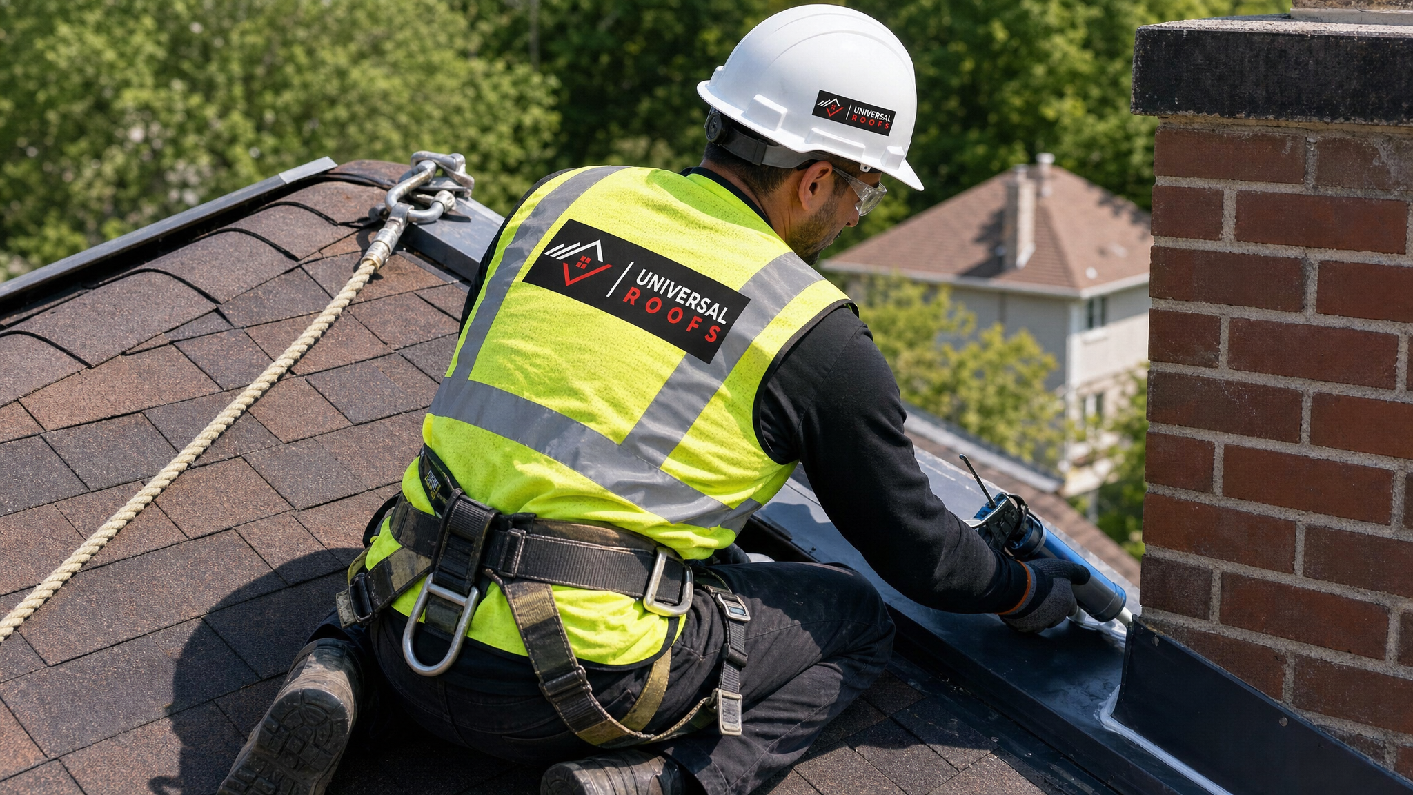 Roofer wearing full safety harness applying sealant to metal flashing on a residential roof in Toronto