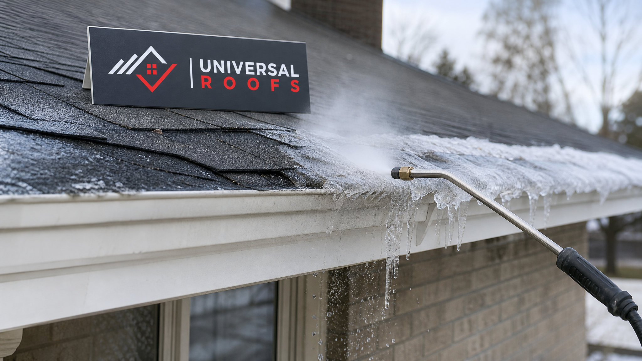 Close-up detail of an ice dam being carefully removed from a roof eave with steam equipment, showing intact shingles underneath
