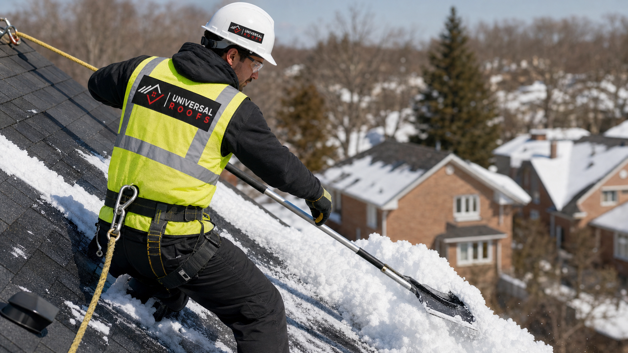 A roofing technician in full safety harness and PPE using a roof rake to clear snow from a steep residential roof in the GTA