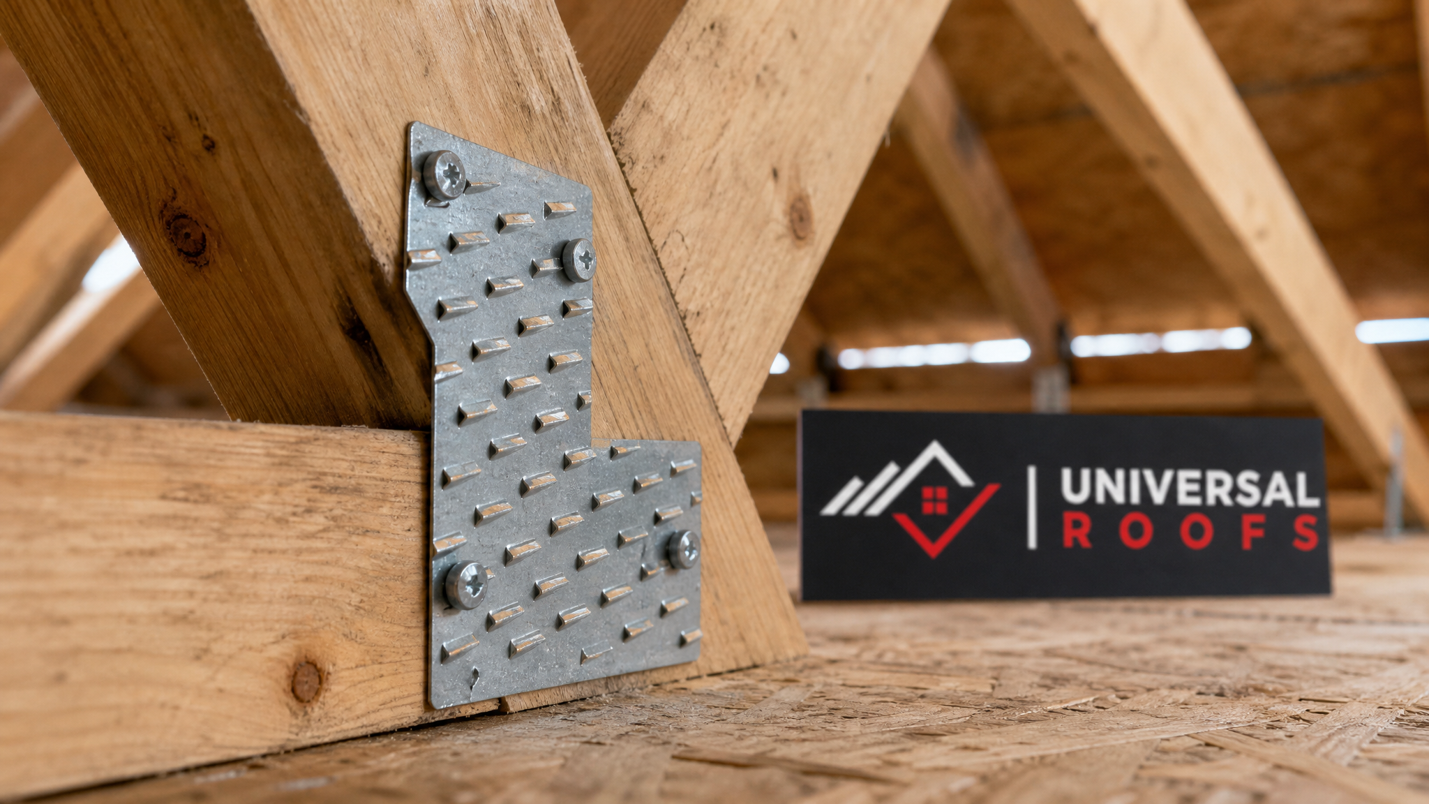 Close-up of a galvanized steel gusset plate reinforcing a wood roof truss joint