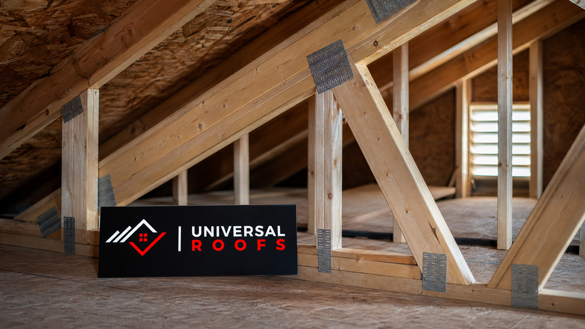 Repaired roof truss system in a Toronto attic showing reinforced wood members and metal gusset plates in summer daylight