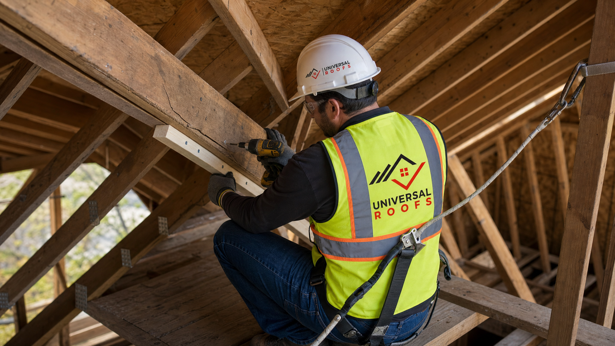 Roofer wearing full safety harness and PPE sistering a new lumber member onto a damaged roof truss in a Toronto attic
