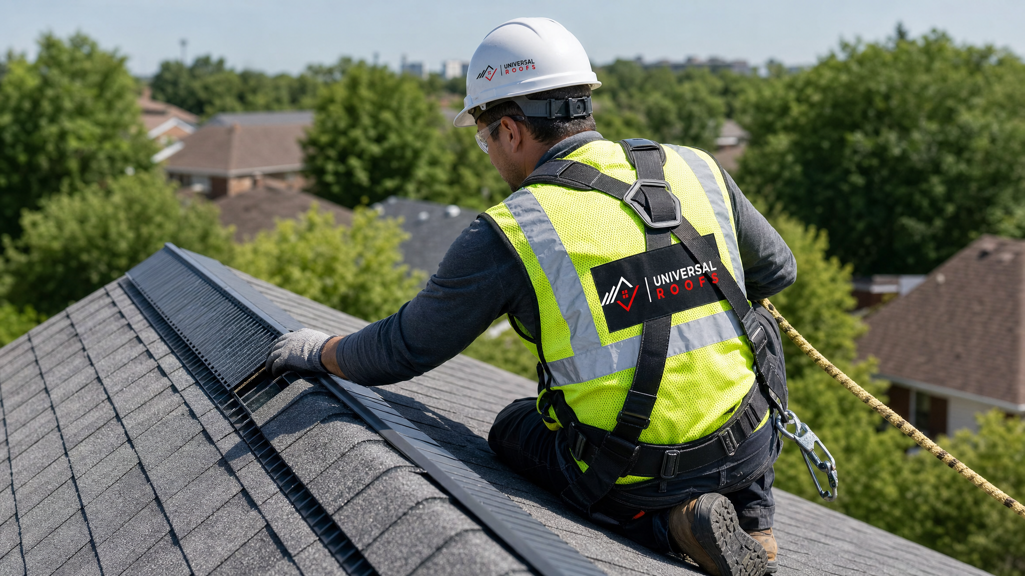 Roofer wearing full safety harness and PPE installing a ridge vent along a sloped asphalt shingle roof in summer
