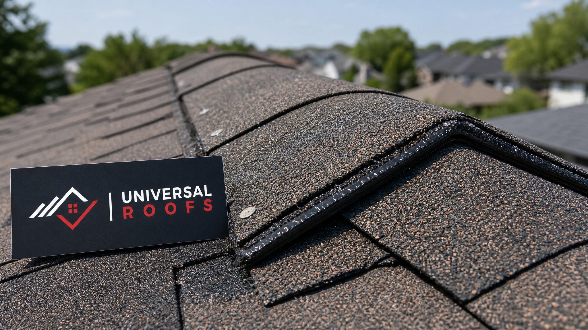 Close-up of properly sealed and nailed asphalt shingle ridge cap after wind damage repair on a Toronto roof