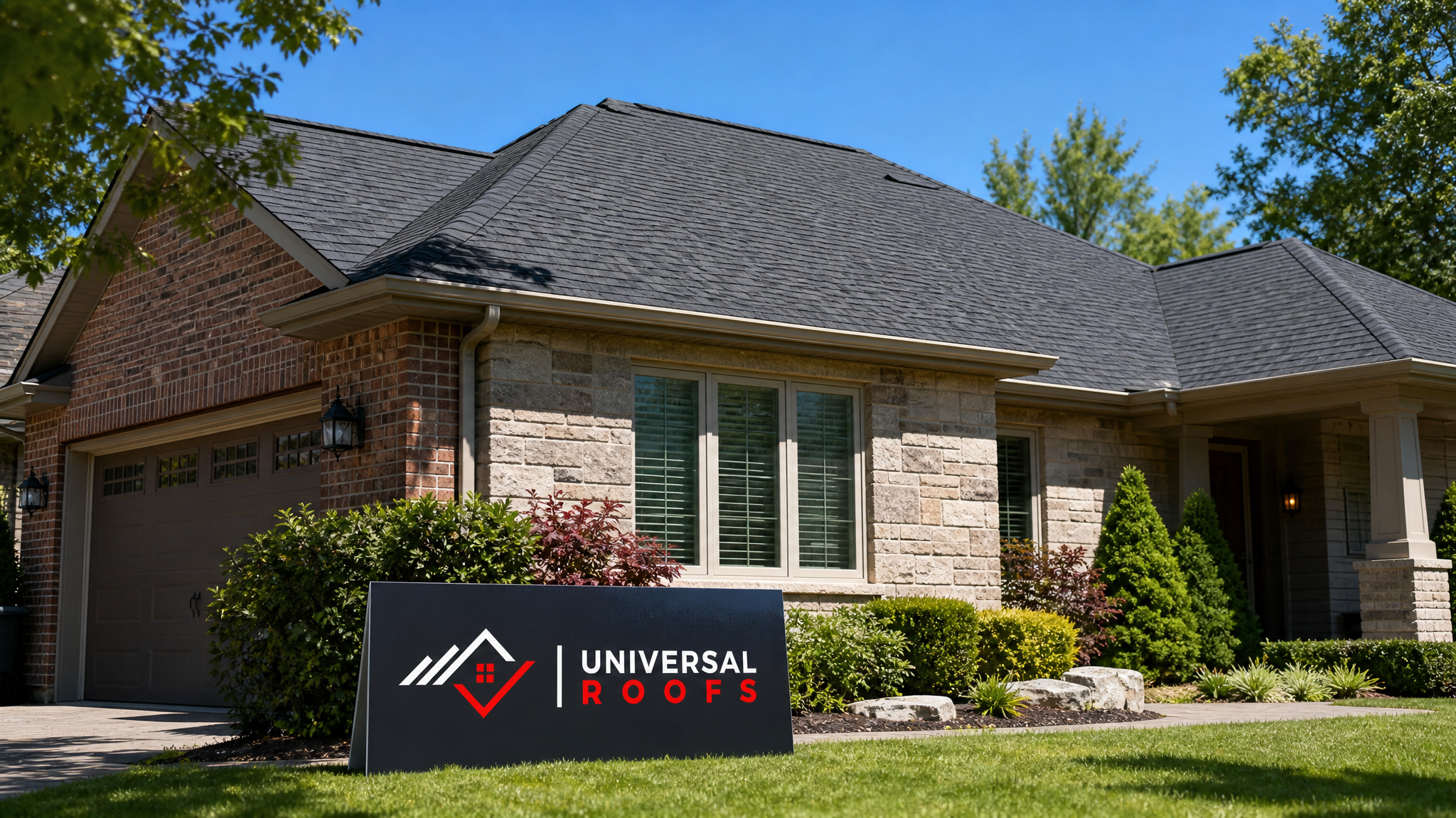 Freshly repaired asphalt shingle roof on a Toronto-area home after wind damage repair, shown in bright summer daylight with a Universal Roofs sign placard in the foreground
