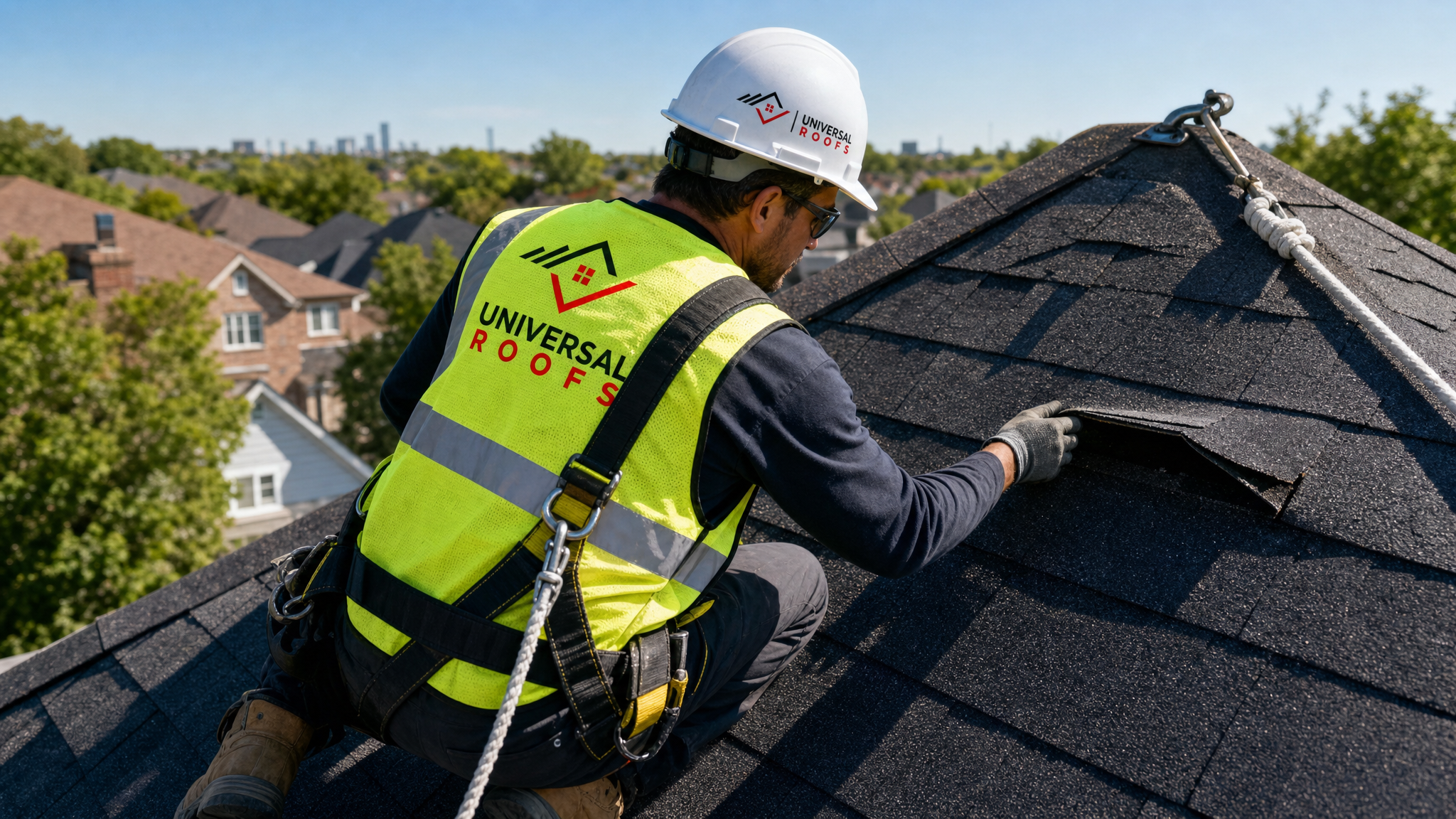 Roofing technician wearing full safety harness and PPE inspecting wind-lifted shingles on a residential roof in Toronto