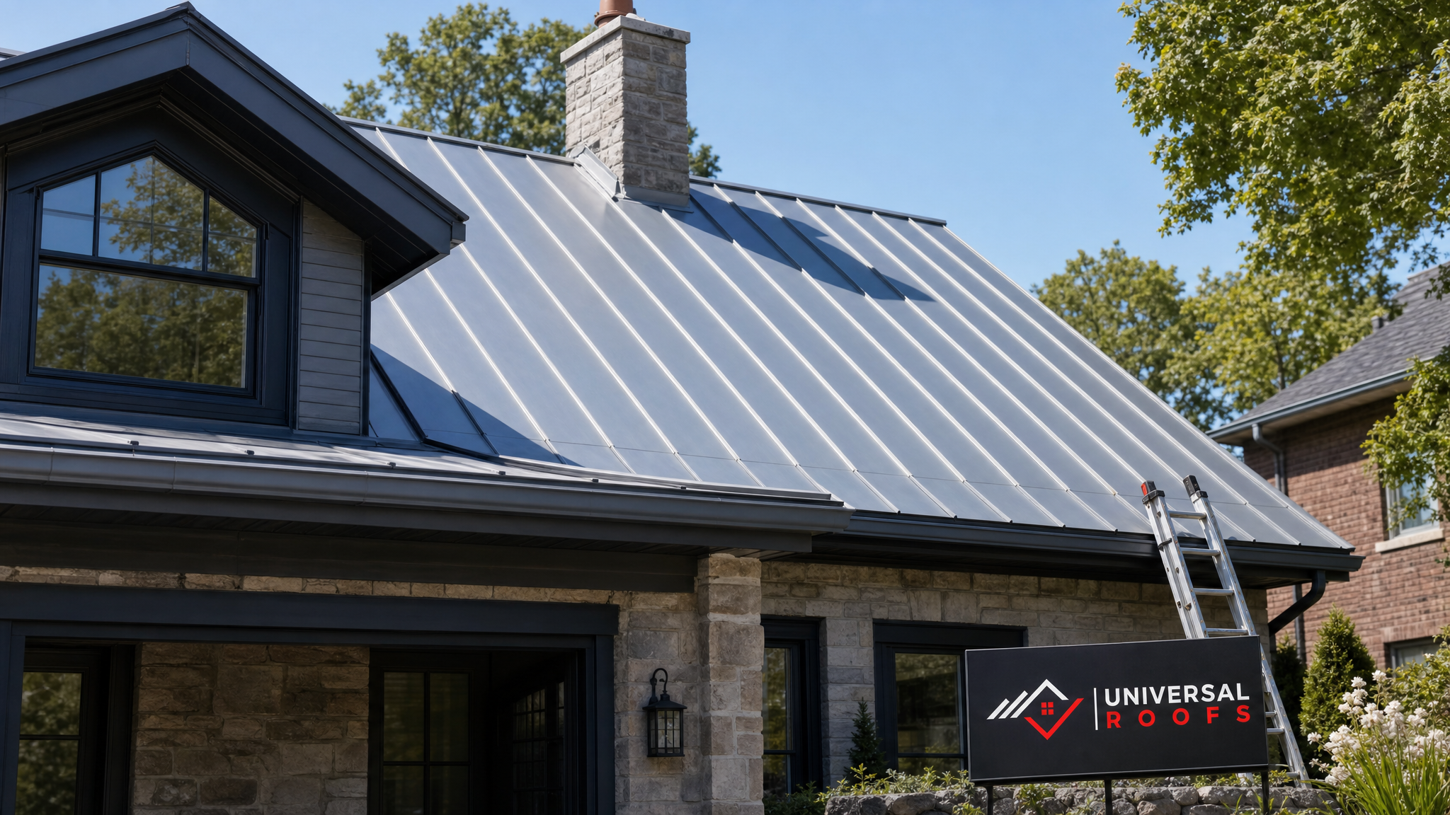 Freshly coated metal roof in Toronto showing a smooth rust-free silver-grey finish under summer daylight