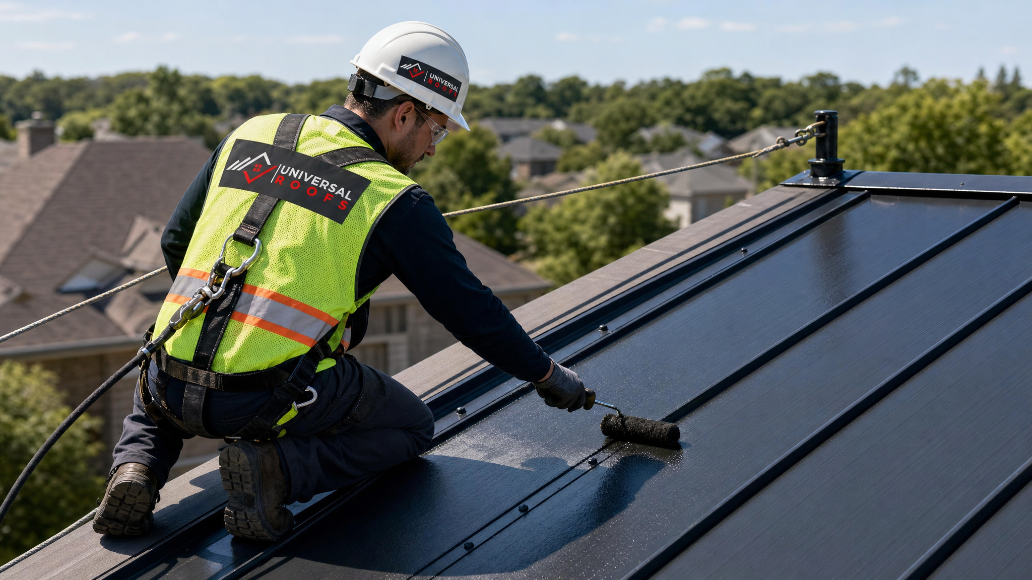 Roofing technician in full safety harness applying rust resistant coating to a metal roof seam in Toronto