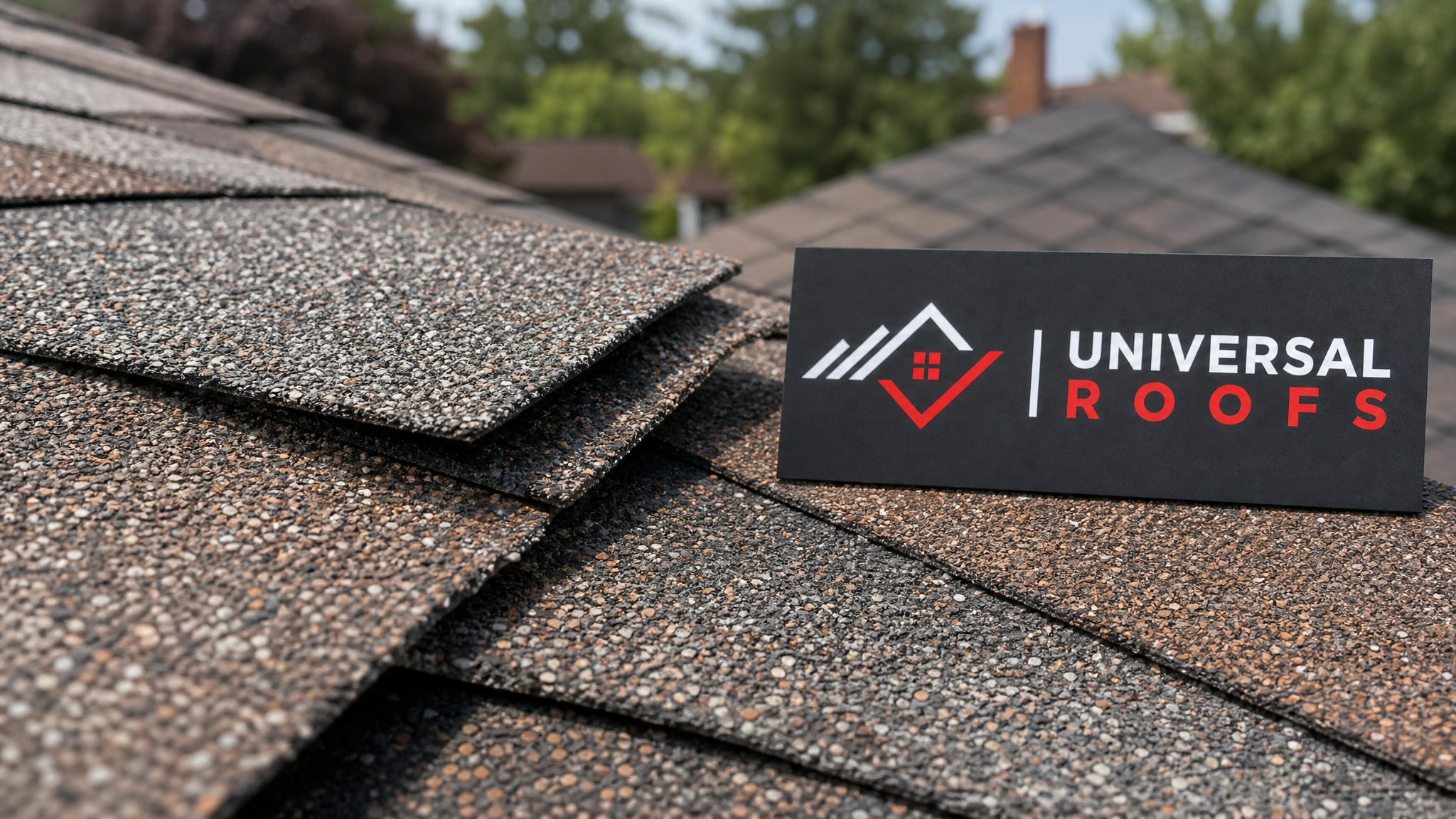Close-up detail of laminated architectural shingle layers and granule texture used for a roof repair, with a branded sign placard nearby