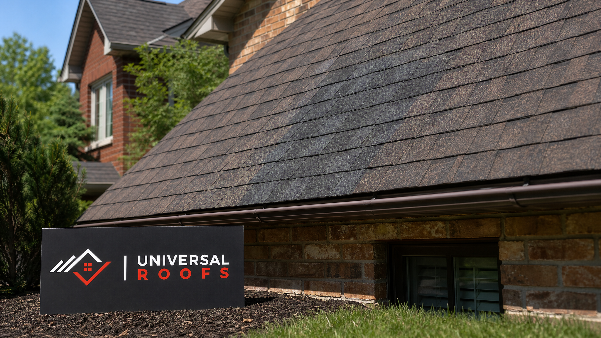 A repaired asphalt shingle roof on a Toronto home showing a seamless patch that blends with the surrounding shingles in summer daylight