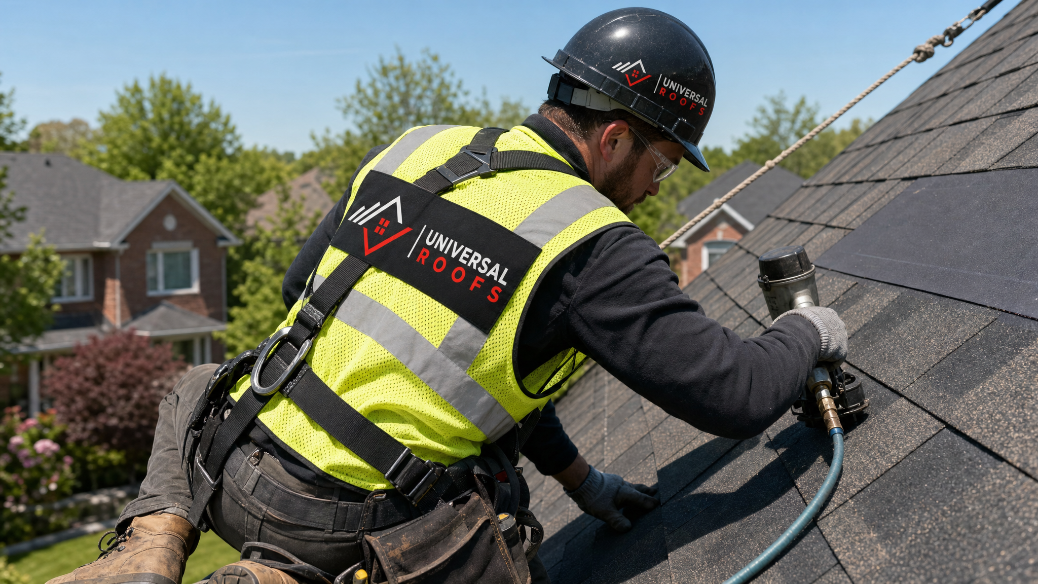 A roofer wearing full safety gear and a harness installs replacement architectural shingles on a sloped roof during a repair
