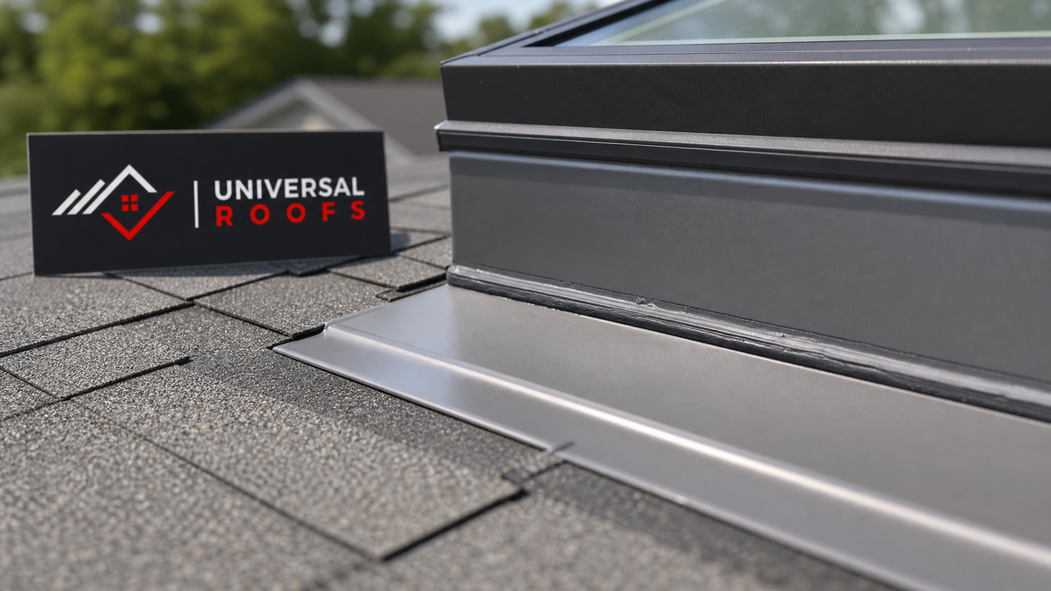 Close-up of new aluminum skylight flashing and sealant bead installed correctly around a roof curb, with a Universal Roofs branded sign placard visible