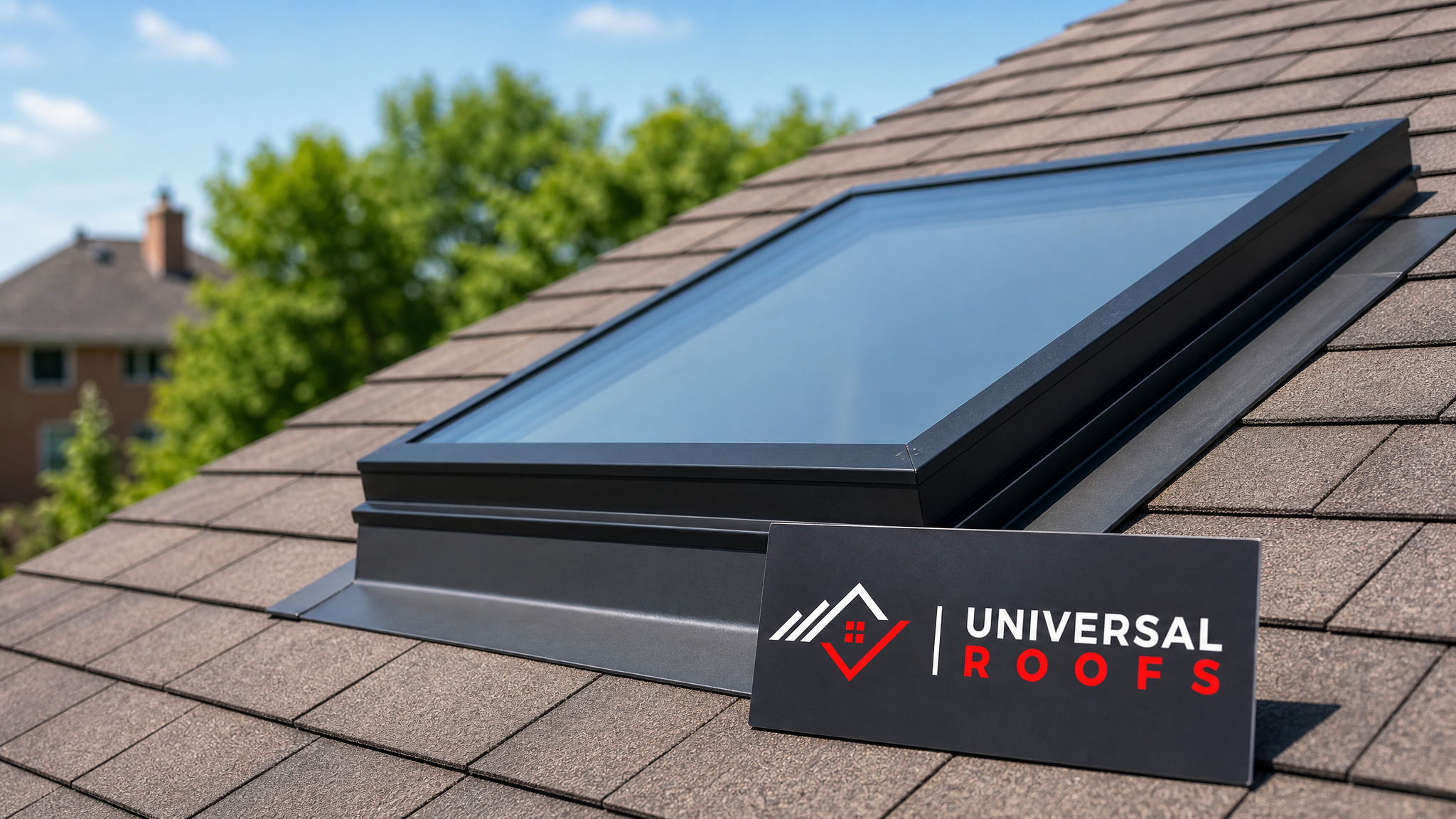 Freshly repaired residential skylight on a Toronto home roof under clear summer daylight, with a Universal Roofs branded sign placard resting nearby
