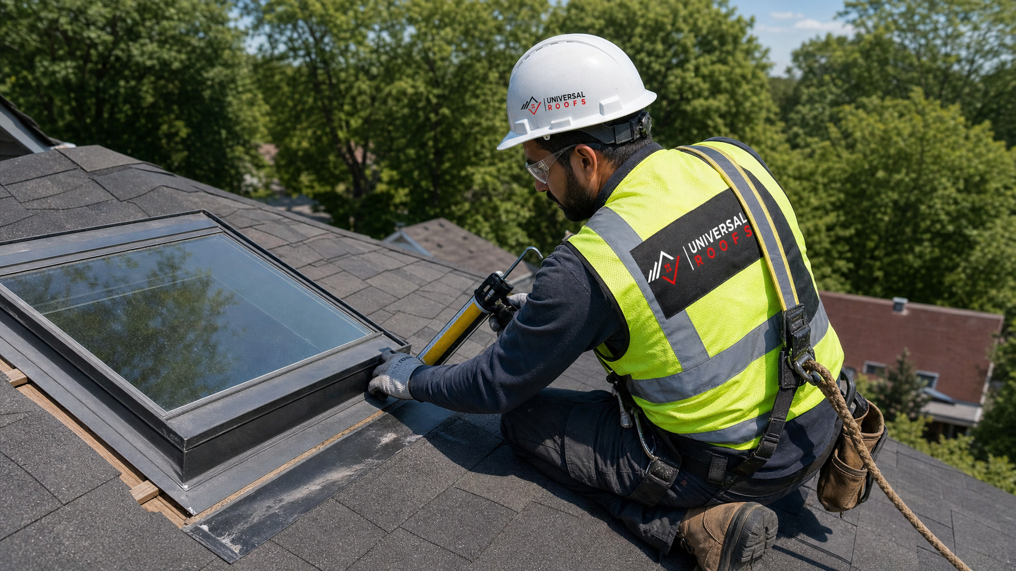 Roofing technician wearing full safety harness, hard hat, and hi-vis vest repairing skylight flashing on a residential roof in Toronto