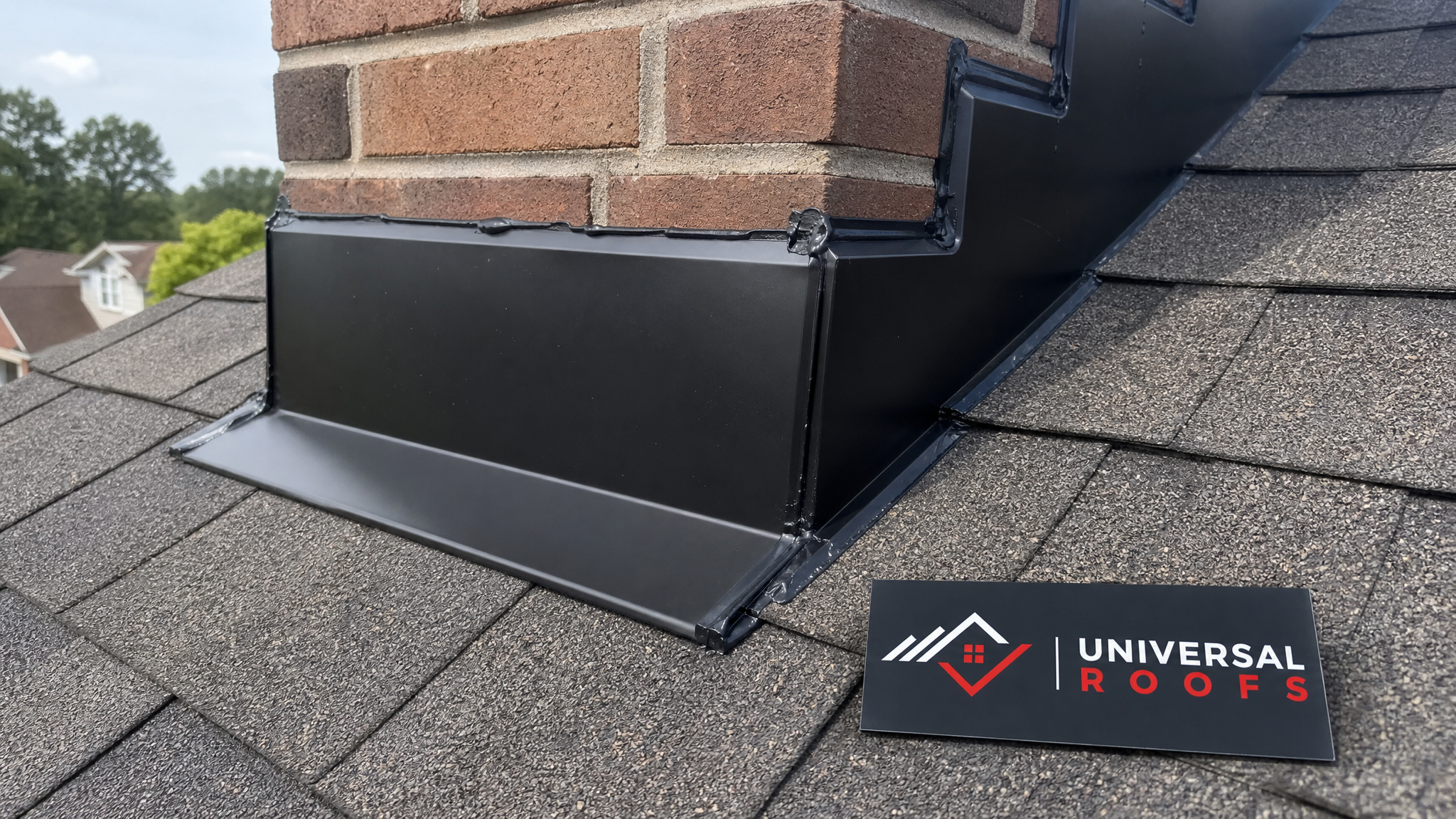 Close-up of newly sealed roof flashing detail around a chimney penetration