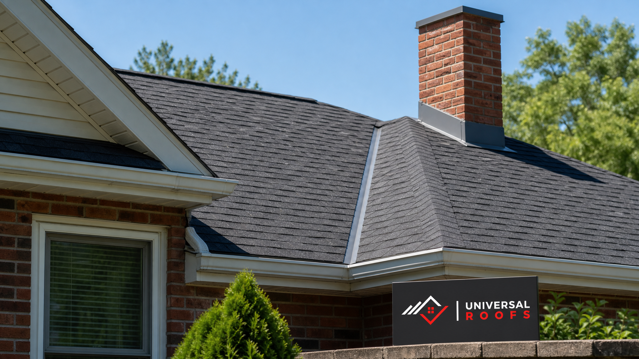 Repaired residential roof in Toronto with new shingles and flashing on a clear summer day