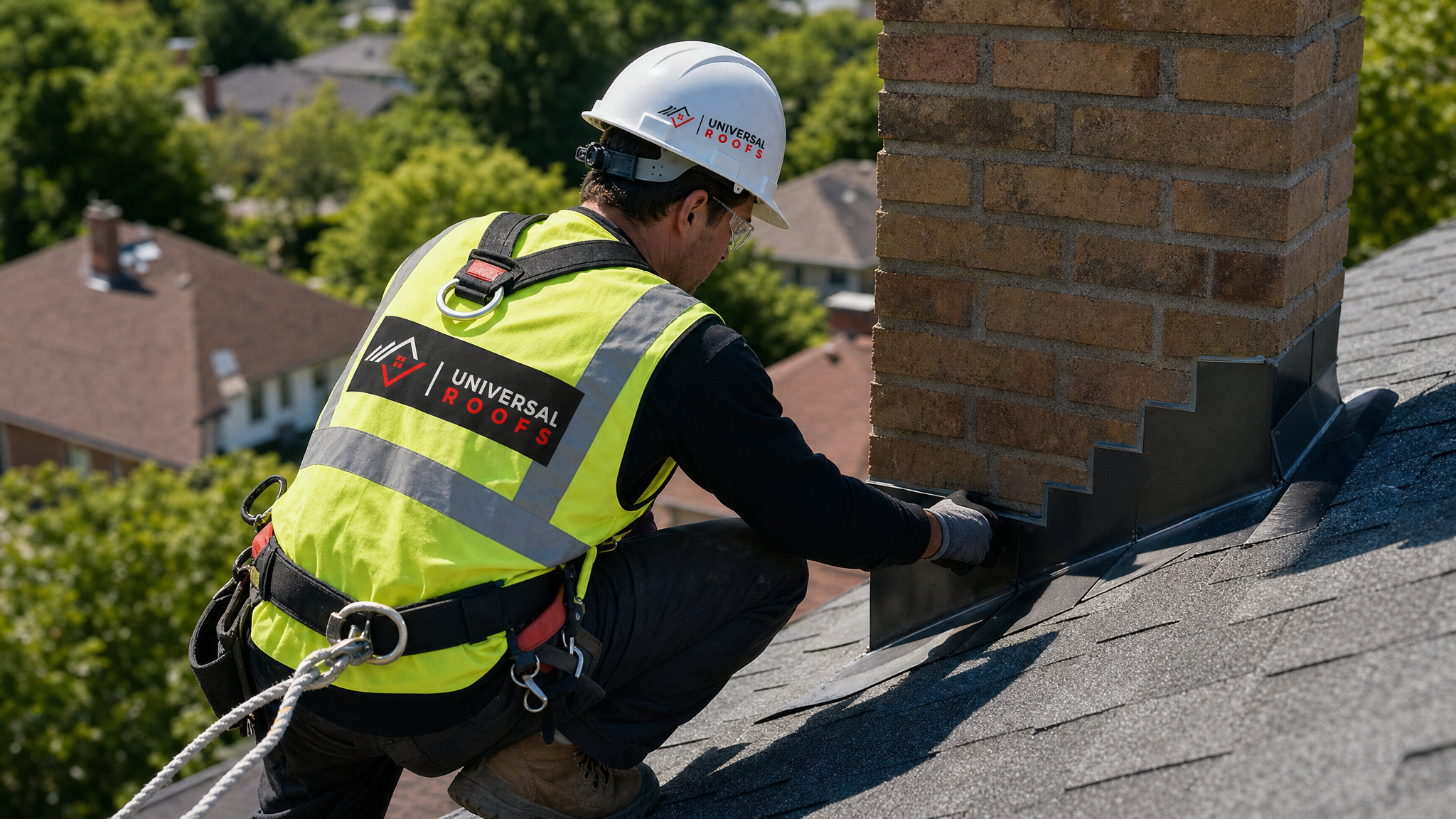 Roofer wearing full safety harness repairing flashing on a residential roof in the GTA