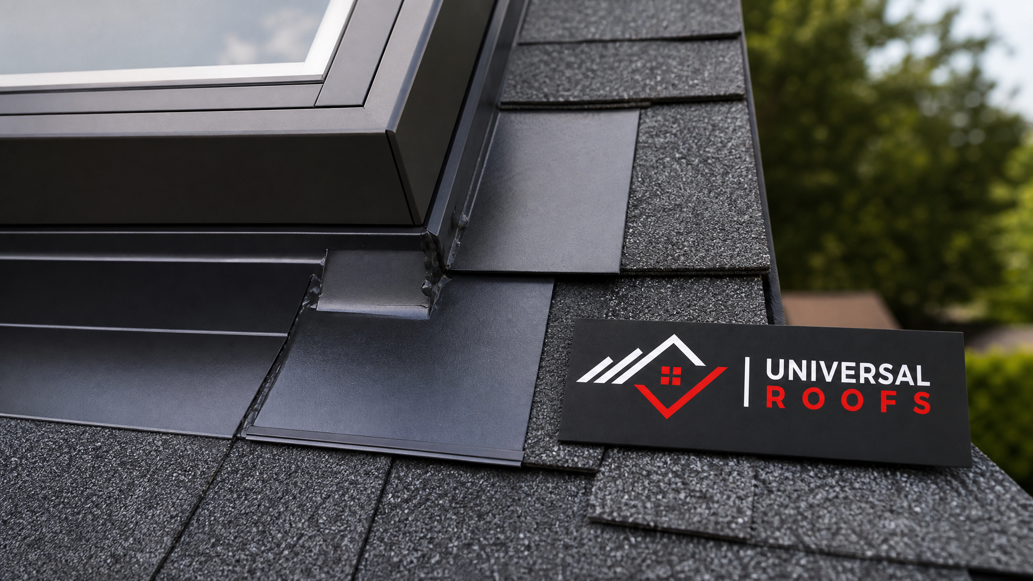 Close-up of new step flashing and sealant correctly layered around a skylight curb on a shingle roof