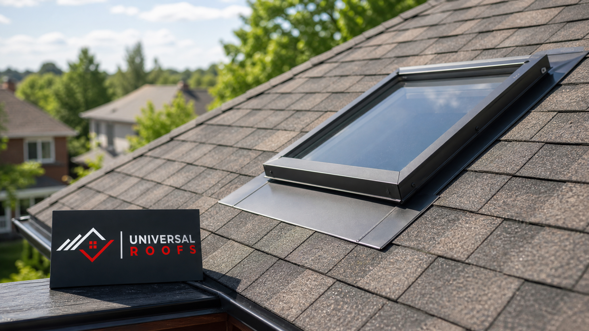 Newly repaired skylight and surrounding shingle roof on a Toronto home under clear summer daylight
