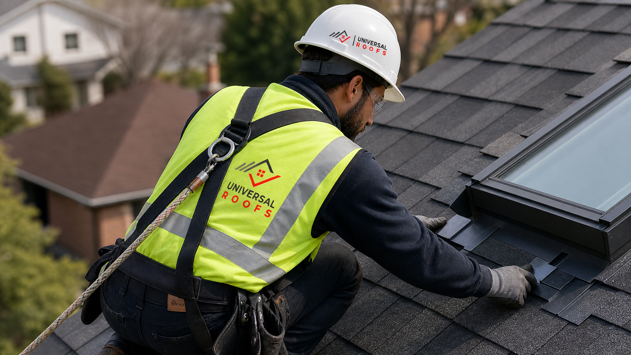 Roofer wearing full safety harness and PPE resealing skylight flashing on a residential roof in Toronto