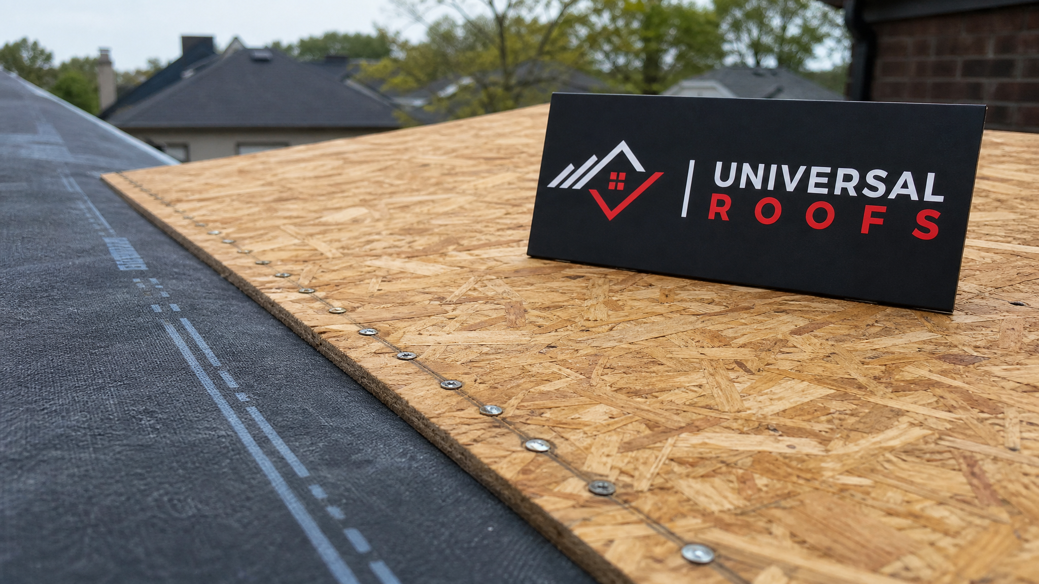 Close-up detail of new OSB roof decking panel and ring-shank nail fastening pattern with a branded sign placard nearby
