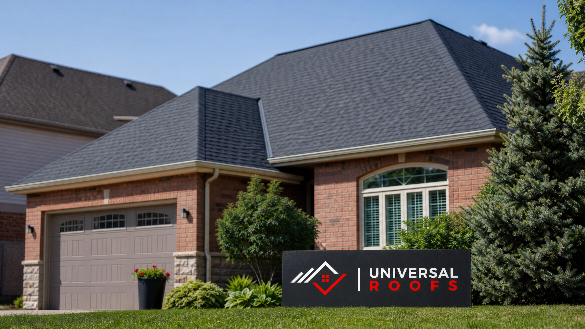 Finished, solid roof decking with new shingles installed on a Toronto area home in summer daylight