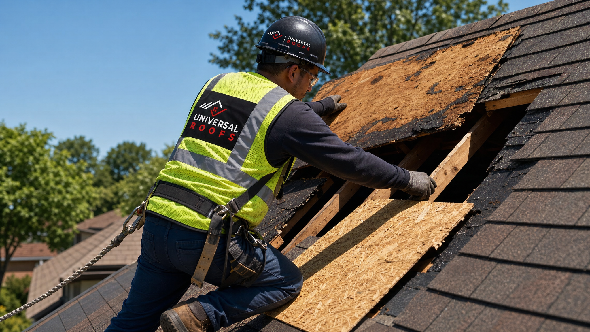 Roofer wearing full safety harness, hard hat and high-visibility vest replacing a section of damaged roof decking on a residential roof