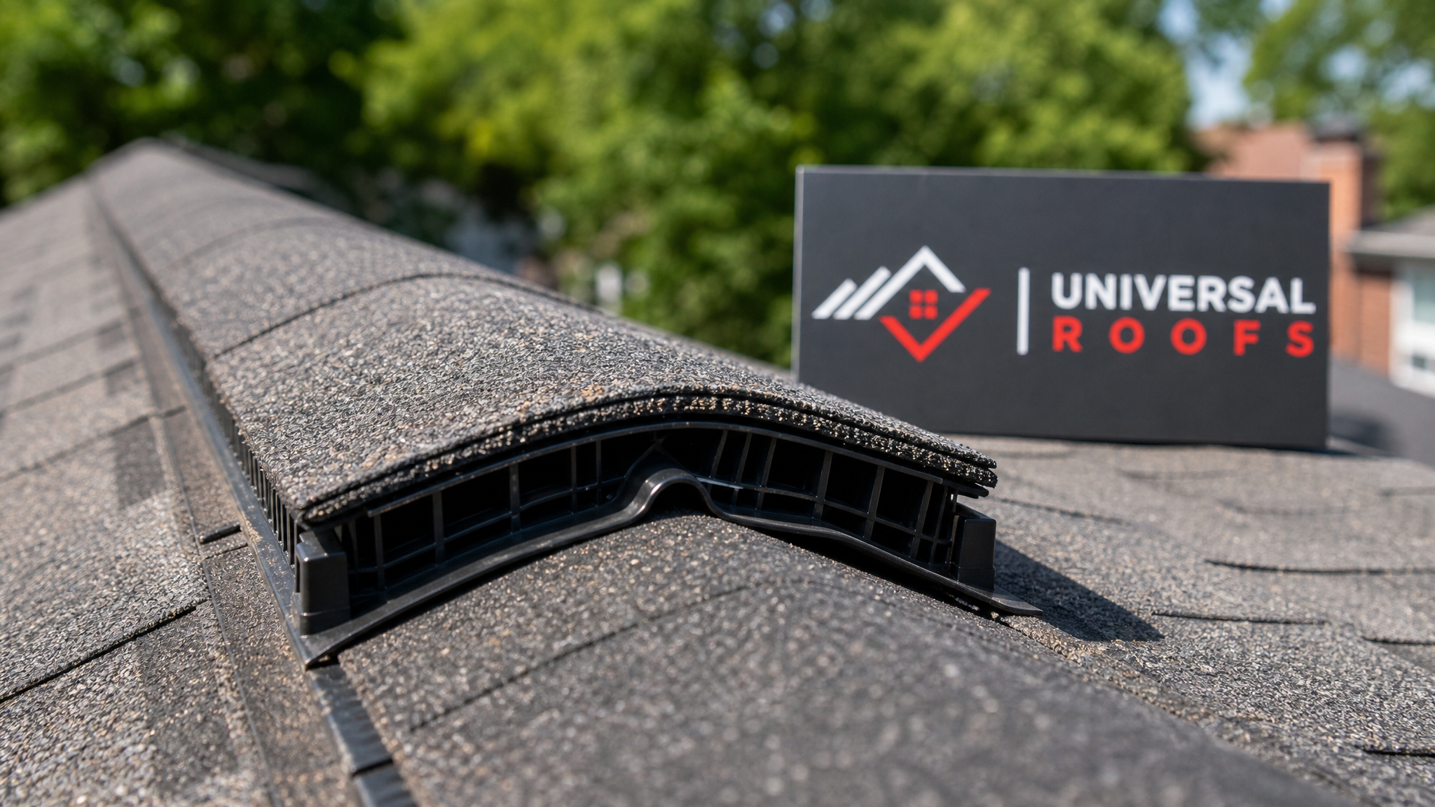 Close-up of a continuous ridge vent and baffle installation showing proper attic airflow channel construction