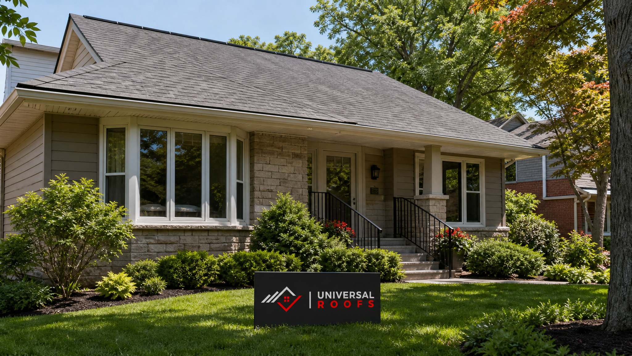 Well-ventilated Toronto home exterior on a sunny summer day with clean ridge and soffit vent lines along the roofline
