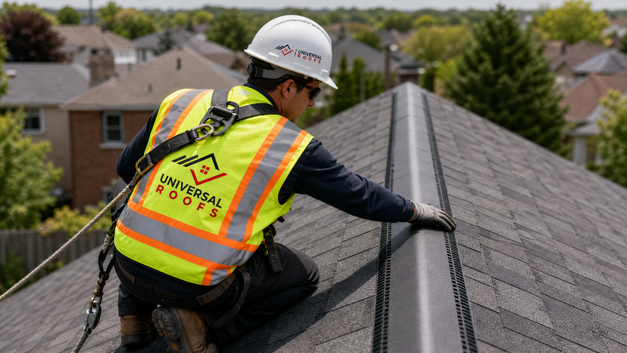 Roofer wearing full safety harness inspecting a ridge vent on a sloped roof during a Toronto ventilation assessment