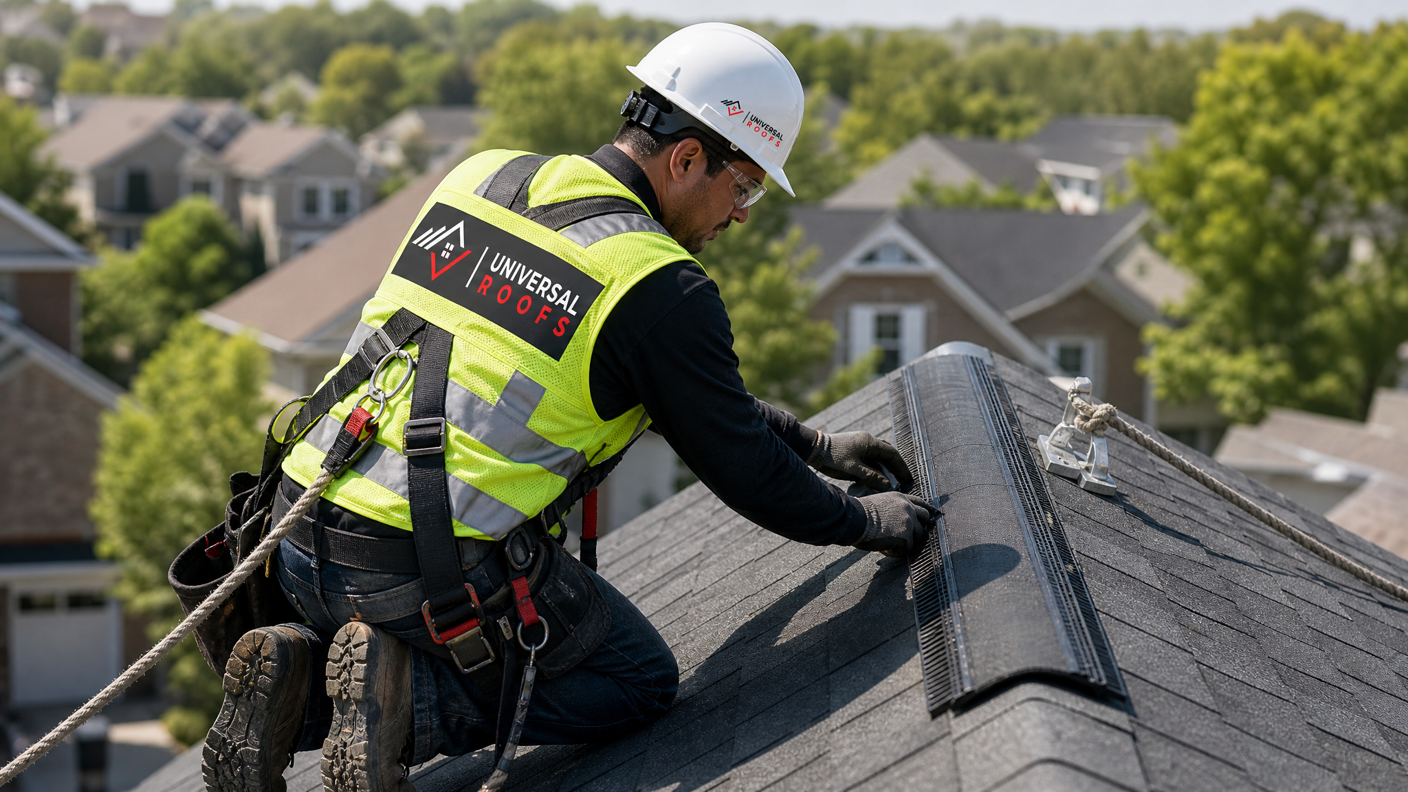 Roofer wearing full safety gear installing a ridge vent while inspecting soffit intake airflow on a Toronto home