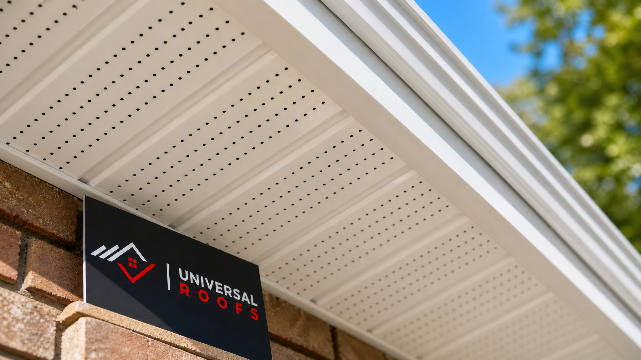 Close-up of perforated vinyl soffit vent panel showing clear airflow openings on a Toronto roofline