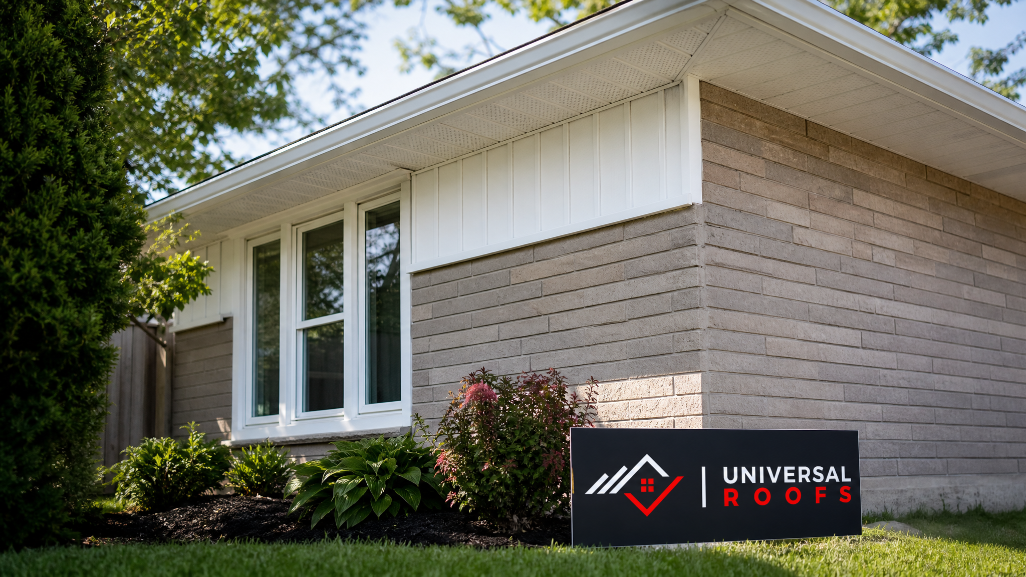 Freshly repaired white vinyl soffit and fascia along a Toronto home roofline on a sunny summer day