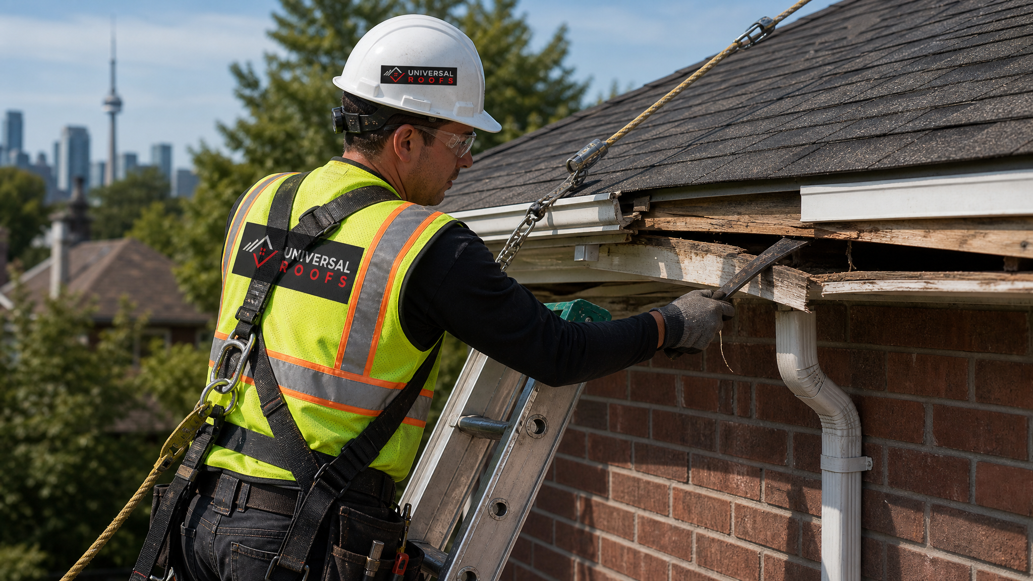 Roofing technician wearing full safety harness replacing a damaged fascia board on a Toronto home in summer