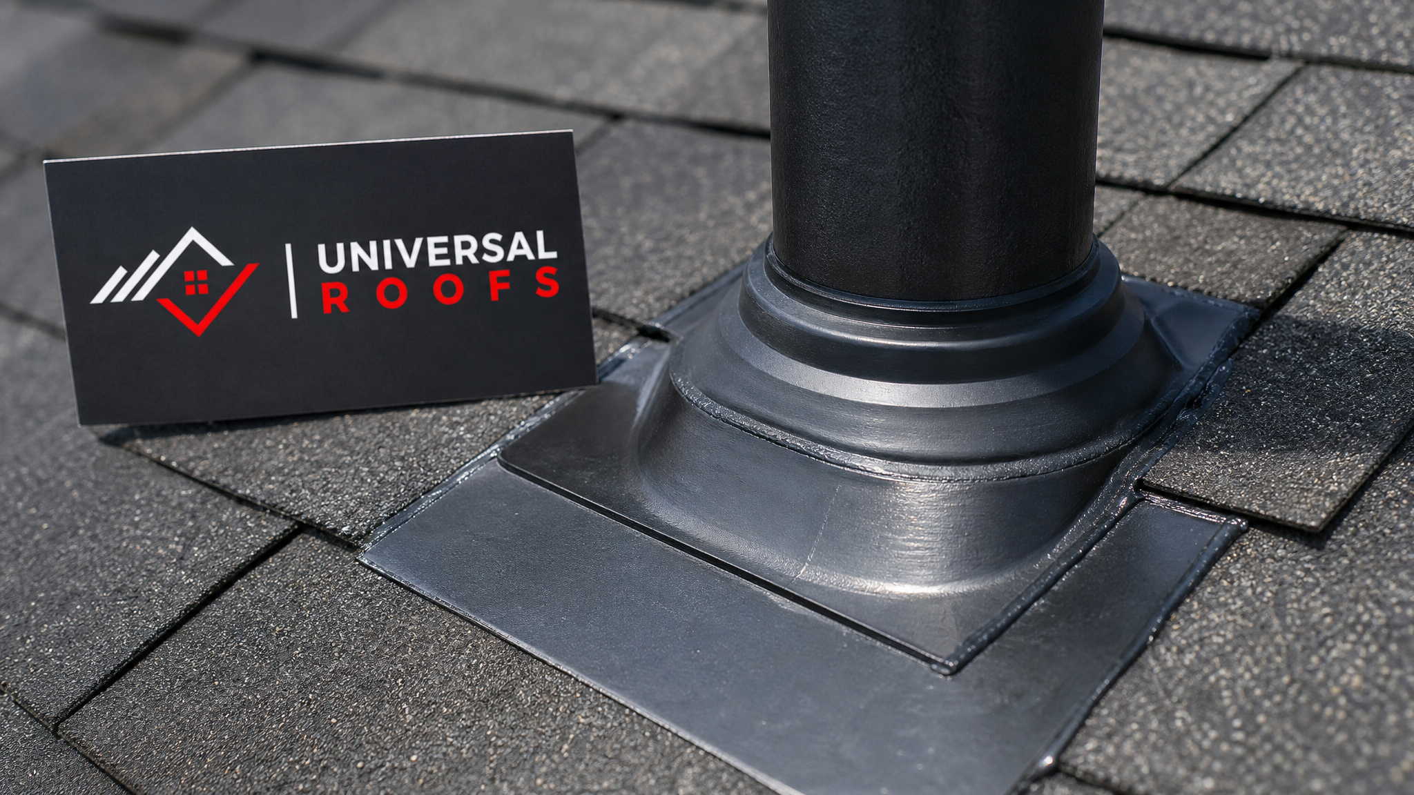 Close-up detail of repaired roof flashing and shingle work showing proper sealant and material technique