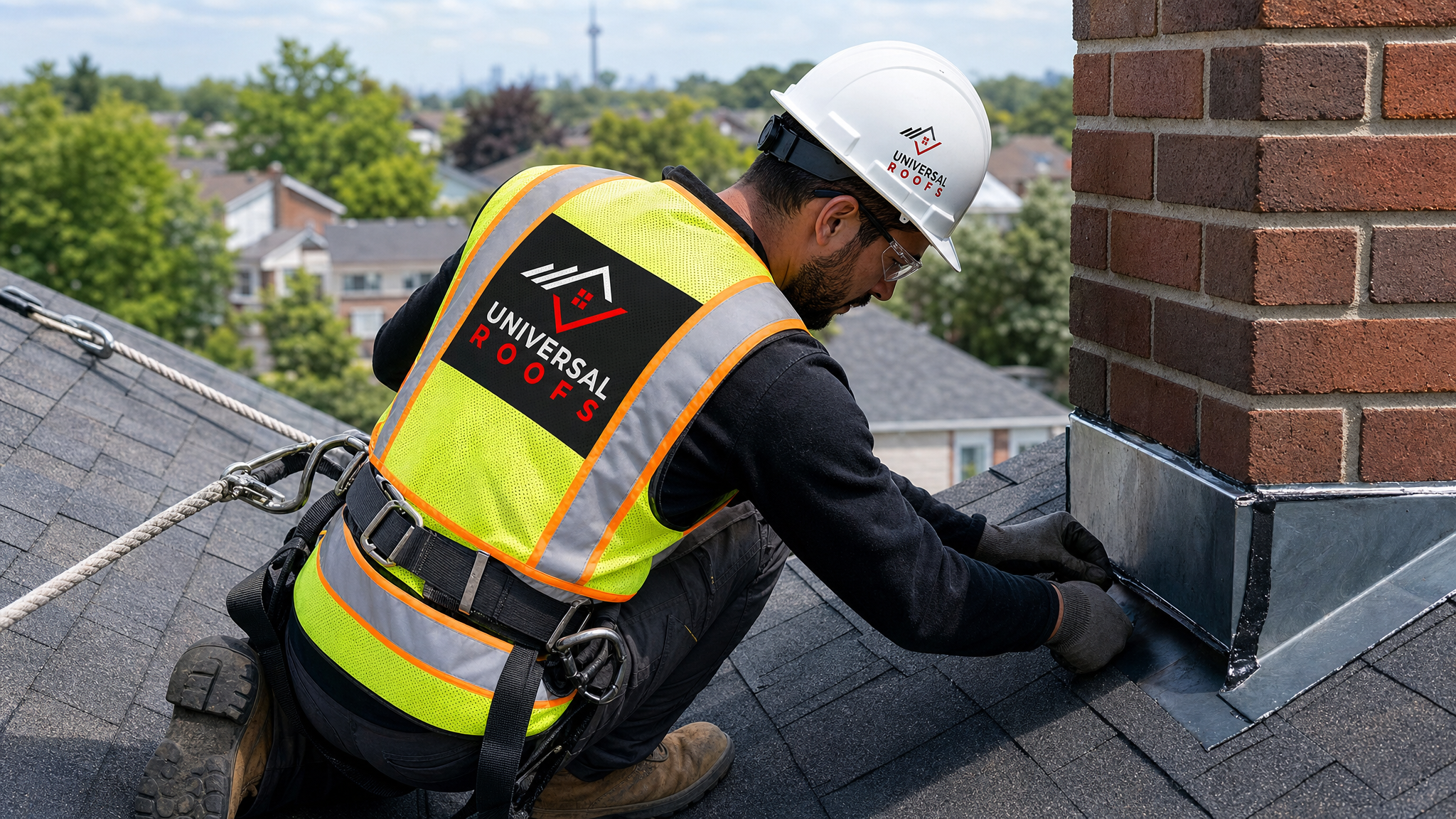 Roofing technician wearing full safety harness performing a detailed roof inspection and repair on a Toronto home