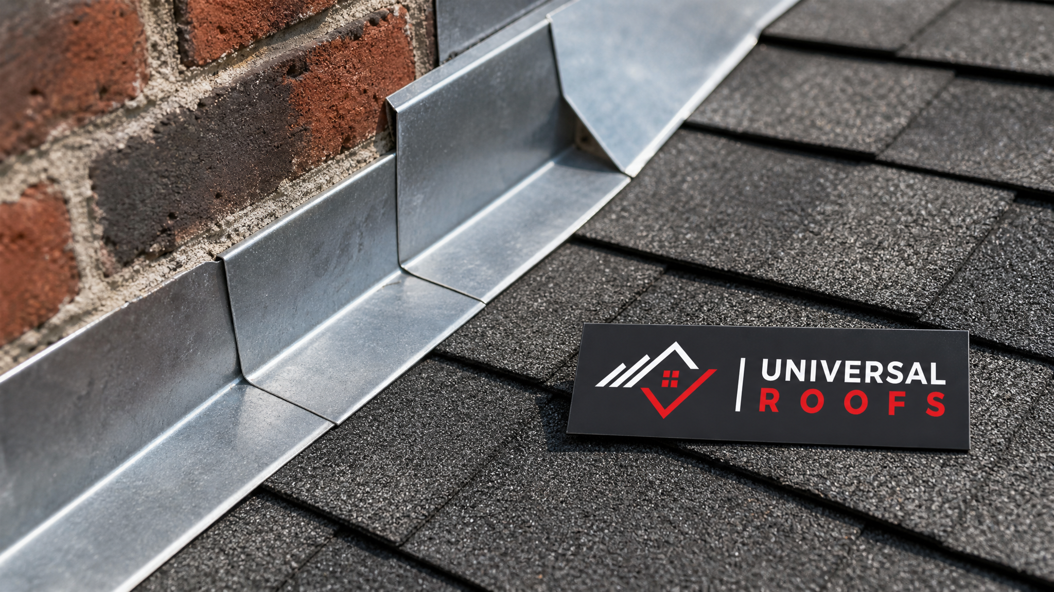 Close-up detail of galvanized step flashing pieces correctly overlapped and woven beneath asphalt shingle courses